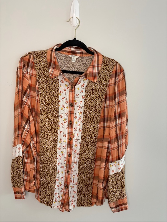Cato Tops - Cato Plaid & Leopard Mixed-Print Button Front Blouse - Rust/Tan